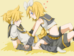 Rule 34 | 1boy, 1girl, bad id, bad pixiv id, blonde hair, blue eyes, blush, brother and sister, detached sleeves, hair ornament, hair ribbon, hairclip, headphones, heart, hetero, incest, kagamine len, kagamine rin, necktie, ribbon, siblings, straddling, twincest, twins, vocaloid, yaichi (reverie), yellow necktie