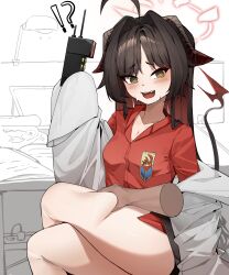Rule 34 | !?, 1girl, @ @, absurdres, ahoge, black hair, blue archive, blush, chirpy, crossed legs, demon horns, demon tail, disembodied limb, highres, horns, kasumi (blue archive), lab coat, long hair, looking at viewer, open mouth, red shirt, shirt, sitting, sleeves past fingers, sleeves past wrists, solo focus, tail, thigh grab, yellow eyes