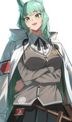 Rule 34 | 1girl, :d, absurdres, animal ear fluff, animal ears, arknights, black skirt, breasts, cardigan, cat ears, coat, coat on shoulders, commentary request, crossed arms, green eyes, green hair, grey cardigan, harmonie (arknights), highres, large breasts, long hair, long sleeves, looking at viewer, open mouth, pleated skirt, shirt, simple background, skirt, smile, solo, soranoki, very long hair, white background, white coat, white shirt