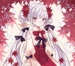 Rule 34 | 1girl, autumn, autumn leaves, bow, bowtie, buttons, closed mouth, collar, collared dress, detached sleeves, double bun, dress, grey eyes, hair bun, hair ornament, hair tie, long hair, long sleeves, looking at viewer, myaco9, original, solo, twintails, twitter username, white collar, white dress, white hair, white sleeves