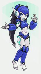 Rule 34 | 1girl, :d, android, barefoot, black hair, blue eyes, breasts, colored skin, commentary, commission, english commentary, full body, highres, humanoid robot, joints, long hair, looking at viewer, lordyanyu, open mouth, original, robot, robot joints, simple background, small breasts, smile, solo, tsurime, white skin