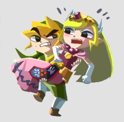 Rule 34 | 1boy, 1girl, annoyed, blonde hair, blush, boots, carrying, dress, elbow, embarrassed, eyeshadow, grey background, hat, highres, jewelry, link, lipstick, makeup, necklace, nintendo, pink lips, pointy ears, princess carry, princess zelda, sweatdrop, tetra, the legend of zelda, the legend of zelda: the wind waker, tiara, toon link, toon zelda, tunic, water751
