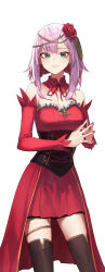 Rule 34 | 1girl, absurdres, black thighhighs, closed mouth, copyright request, corset, cross-laced clothes, cross-laced corset, destiny (takt op.), detached collar, detached sleeves, dress, flower, green eyes, hair flower, hair ornament, highres, looking at viewer, mac star, medium hair, pink hair, plant, red dress, red flower, red neckwear, red rose, red skirt, rose, short hair, simple background, skirt, smile, solo, standing, takt op., thighhighs, thighs, vines, white background