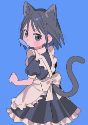 Rule 34 | 1girl, animal, animal ear fluff, animal ears, black eyes, black hair, blue background, blush stickers, bow, cat ears, choppy bangs, cowboy shot, dot nose, dress, fish, frilled dress, frills, from behind, highres, holding, holding animal, holding fish, looking at viewer, looking back, maid, mouth hold, original, short hair, solo, umipi, white bow