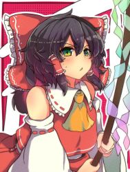 Rule 34 | 1girl, ascot, bare shoulders, black hair, blush, bow, commentary request, detached sleeves, gohei, green eyes, hair bow, hakurei reimu, highres, holding, looking at viewer, medium hair, outline, parted lips, polka dot, polka dot background, red bow, red shirt, ribbon-trimmed sleeves, ribbon trim, shirt, solo, touhou, weather (hamamurataka), white outline, yellow ascot
