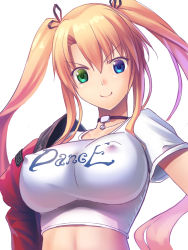 Rule 34 | 1girl, absurdres, blonde hair, blue eyes, breasts, choker, crop top, english text, covered erect nipples, green eyes, hair ribbon, heterochromia, highres, impossible clothes, large breasts, long hair, looking at viewer, luupechi, midriff, navel, nipples, original, ribbon, shirt, smile, solo, taut clothes, taut shirt, twintails, yuki (luupechi)