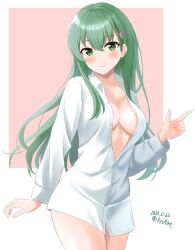Rule 34 | 1girl, ame-san, breasts, collared shirt, cowboy shot, dated, green eyes, green hair, hair ornament, hairclip, highres, kantai collection, long hair, long sleeves, medium breasts, naked shirt, partially unbuttoned, shirt, smile, solo, standing, suzuya (kancolle), twitter username, very long hair, white shirt