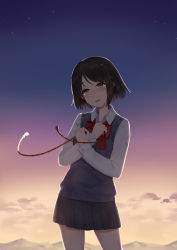 Rule 34 | 10s, 1girl, black skirt, blush, bow, bowtie, brown eyes, brown hair, cloud, collarbone, collared shirt, contrapposto, cowboy shot, crying, crying with eyes open, evening, highres, holding, kimi no na wa., long sleeves, miyamizu mitsuha, outdoors, pleated skirt, red bow, red bowtie, shirt, short hair, skirt, solo, standing, star (sky), sunset, sweater vest, tears, white shirt, wing collar, yingji (zszero)