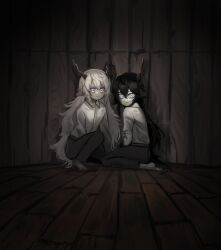 2boys animal_ears arknights black_hair collared_shirt ebenholz_(arknights) goat_ears highres horns kneeling kreide_(arknights) long_hair long_sleeves looking_at_viewer male_focus moribe_denkou multiple_boys on_one_knee purple_eyes shirt very_long_hair white_hair white_shirt wide-eyed