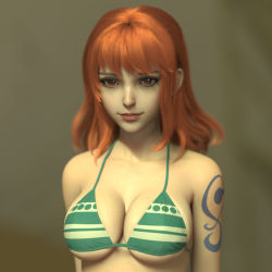 Rule 34 | 1girl, arms at sides, bikini, breasts, brown eyes, cleavage, collarbone, green bikini, large breasts, long hair, looking at viewer, nami (one piece), one piece, orange hair, shadow, shousizhe, simple background, solo, standing, sweat, swimsuit, tattoo, underboob, upper body, wet
