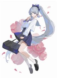 Rule 34 | 1girl, aco gbfg, ayaka (genshin impact), bag, black footwear, blue bow, blue eyes, blue hair, bow, closed mouth, collared shirt, falling petals, finger to cheek, floral background, flower, full body, genshin impact, hair bow, high ponytail, highres, holding, holding bag, kamisato ayaka, kamisato ayaka (heytea), loafers, long hair, long sleeves, looking at viewer, official alternate costume, petals, pink flower, ponytail, sailor collar, school bag, school uniform, shirt, shoes, sidelocks, simple background, skirt, socks, solo, very long hair, white sailor collar, white shirt, white socks