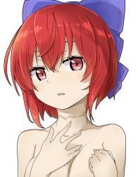 Rule 34 | 1girl, blue bow, blush, bow, breasts, collarbone, commentary request, covering privates, covering breasts, hair between eyes, hair bow, hands on own chest, looking at viewer, nude, parted lips, portrait, red eyes, red hair, sekibanki, short hair, simple background, small breasts, solo, touhou, tyouseki, white background