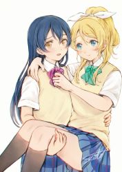 Rule 34 | 2girls, ayase eli, blue hair, bow, bowtie, carrying, commentary request, hair between eyes, highres, long hair, love live!, love live! school idol project, multiple girls, open mouth, otonokizaka school uniform, ponytail, princess carry, school uniform, scrunchie, simple background, sonoda umi, striped bow, striped bowtie, striped clothes, striped neckwear, suito, white background, white scrunchie, yellow eyes