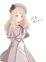 Rule 34 | 1girl, alternate costume, arms behind back, beret, blonde hair, blush, buttons, capelet, collared shirt, commentary request, creatures (company), game freak, grey eyes, hat, hat ornament, highres, long hair, looking at viewer, nasakixoc, necktie, nintendo, pokemon, pokemon xy, serena (pokemon), shirt, simple background, skirt, smile, solo, white background