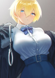 Rule 34 | 1girl, belt buckle, blonde hair, blue eyes, blue skirt, blurry, bow, bowtie, breasts, buckle, closed mouth, collared shirt, cuffs, depth of field, dress shirt, fur trim, girls&#039; frontline, gloves, hair between eyes, handcuffs, highres, ikumikatahira, jacket, large breasts, leaning back, light particles, looking at viewer, mole, mole under eye, personification, shirt, shirt tucked in, short hair, simple background, skirt, solo, tented shirt, upper body, vsk-94 (girls&#039; frontline), white shirt