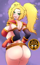 Rule 34 | aljune nunez, armor, ass, ass focus, belt, bikini armor, blonde hair, breasts, fang, fantasy, gloves, green eyes, highres, large breasts, looking at viewer, punishedkom, rise of the guild master, sam (rise of the guild master), shoulder armor, smile, solo, thong, twintails, warrior