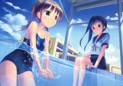Rule 34 | 2girls, absurdres, blue eyes, blue one-piece swimsuit, brown hair, competition school swimsuit, cupping hands, day, highres, huge filesize, legs together, multiple girls, one-piece swimsuit, original, outdoors, own hands together, partially underwater shot, school swimsuit, school uniform, serafuku, sitting, swimsuit, takoyaki (roast), wading