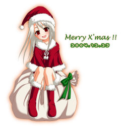Rule 34 | 00s, 1girl, 2004, bag, boots, bow, christmas, dated, fate/stay night, fate (series), female focus, full body, fur trim, green bow, hat, head tilt, illyasviel von einzbern, knees together feet apart, merry christmas, merry christmas!, pom pom (clothes), red eyes, red hat, sack, santa boots, santa costume, santa hat, simple background, sitting, solo, white background, white hair