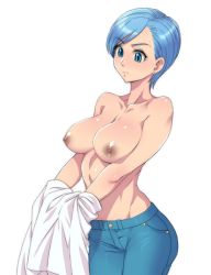 Rule 34 | 1girl, blue eyes, blue hair, breasts, bulma, denim, dragon ball, dragonball z, earrings, eyebrows, jeans, jewelry, large breasts, legs, looking down, matching hair/eyes, nipples, no bra, pants, serious, short hair, simple background, solo, standing, thighs, tomboy, topless, undressing, white background