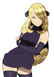 Rule 34 | 1girl, bare shoulders, black gloves, black sweater, black thighhighs, blonde hair, bottomless, breasts, creatures (company), crossed arms, cynthia (pokemon), elbow gloves, fingerless gloves, game freak, geo-tempest, gloves, green eyes, hair ornament, hair over one eye, highres, large breasts, long hair, looking at viewer, meme attire, nintendo, pokemon, pokemon dppt, sideboob, simple background, skindentation, sleeveless, smile, solo, standing, sweater, thighhighs, turtleneck, turtleneck sweater, virgin killer sweater, white background
