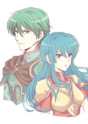 Rule 34 | 1boy, 1girl, armor, blue eyes, blue hair, breastplate, brother and sister, closed mouth, earrings, eirika (fire emblem), ephraim (fire emblem), fire emblem, fire emblem: the sacred stones, green hair, hair between eyes, jewelry, long hair, looking at viewer, nintendo, parted lips, short hair, shoulder armor, siblings, sidelocks, sturm fe k11, twins, upper body, white background