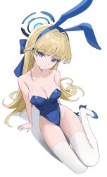 Rule 34 | 1girl, absurdres, animal ears, bare shoulders, blonde hair, blue archive, blue eyes, blue leotard, blunt bangs, breasts, closed mouth, collarbone, commentary request, covered navel, earpiece, fake animal ears, from above, full body, halo, high heels, highleg, highleg leotard, highres, kneeling, legs together, leotard, long hair, looking at viewer, medium breasts, official alternate costume, playboy bunny, rabbit ears, solo, stagnuma, strapless, strapless leotard, thighhighs, toki (blue archive), toki (bunny) (blue archive), very long hair, white background, white thighhighs