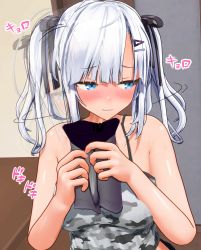 Rule 34 | 1girl, blue eyes, blush, boxers, breasts, camouflage, camouflage shirt, denim, highres, male underwear, minamo rm, shirt, twintails, underwear, wavy mouth, white hair