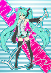 Rule 34 | 1girl, aqua eyes, aqua hair, armpits, bad id, bad pixiv id, boots, detached sleeves, female focus, fugetsu taku, full body, hatsune miku, headset, high heels, highres, legs, long hair, microphone, microphone stand, necktie, panties, pantyshot, shoes, skirt, solo, striped clothes, striped panties, thigh boots, thighhighs, twintails, underwear, very long hair, vocaloid