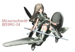 Rule 34 | 1girl, aircraft, airplane, bf 109, black panties, blouse, boots, jacket, long hair, mecha musume, military, multicolored clothes, multicolored legwear, nano (nanosize), necktie, original, panties, shirt, solo, sword, thigh boots, thighhighs, underwear, weapon, world war ii