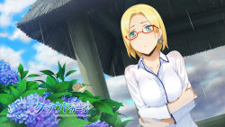 Rule 34 | 10s, 1girl, 2011, aqua eyes, blonde hair, breast hold, breasts, character request, claudia madobe, cloud girl, copyright name, dated, dress shirt, earrings, flower, glasses, highres, hydrangea, jewelry, large breasts, leaf, microsoft windows, official art, official wallpaper, rain, red-framed eyewear, semi-rimless eyewear, shirt, single earring, snail, solo, under-rim eyewear, wakaba sprout, wallpaper, watermark, wet, wet clothes, wet shirt