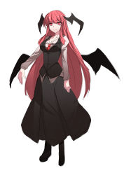 Rule 34 | 1girl, absurdres, bad id, bad nicoseiga id, bat wings, black skirt, breasts, cleavage, dress, dress shirt, embodiment of scarlet devil, female focus, full body, head wings, highres, impossible clothes, impossible shirt, koakuma, long hair, long skirt, long sleeves, medium breasts, necktie, red eyes, red hair, shirt, shoes, simple background, sketch, skirt, skirt set, smile, solo, touhou, very long hair, vest, wings, yamane akira