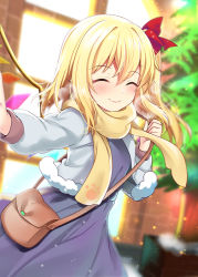 Rule 34 | 1girl, alternate costume, asymmetrical hair, bag, blonde hair, blurry, blurry background, blush, breath, christmas tree, closed eyes, commentary request, crystal, eyelashes, feet out of frame, flandre scarlet, fur trim, hair ribbon, handbag, happy, highres, light particles, looking at viewer, no headwear, one side up, open mouth, outdoors, outstretched arm, paw print, red ribbon, ribbon, rimu (kingyo origin), scarf, short hair, sidelocks, smile, solo, standing, tongue, touhou, tree, window, wings, winter, yellow scarf