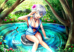 Rule 34 | 10s, 1girl, anastasia (idolmaster), bikini, blue eyes, bracelet, breasts, chiko (kanhogo), cleavage, fish, flower, hair flower, hair ornament, hand in water, idolmaster, idolmaster cinderella girls, jewelry, nature, necklace, one eye closed, open mouth, pond, reflection, ripples, rock, short hair, silver hair, sitting, sitting on rock, smile, soaking feet, solo, splashing, swimsuit, wading, water, wet, wince