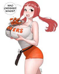 Rule 34 | 1girl, absurdres, aki-chan (dismaiden), ass, breast lift, breasts, chicken (food), chicken wing, cleavage, cowboy shot, dismaiden, english text, food, hair ornament, hairclip, highres, hooters, huge breasts, low twintails, name tag, object on breast, open mouth, original, plate, red eyes, red hair, round teeth, sauce, short shorts, shorts, signature, solo, tank top, teeth, twintails, waitress, white tank top