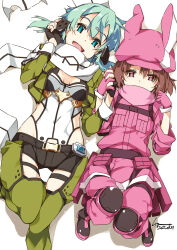 Rule 34 | 2girls, :d, belt, black belt, blue eyes, breasts, brown hair, commission, covered mouth, feet out of frame, fingerless gloves, gloves, green hair, green thighhighs, hair between eyes, hair ornament, hairclip, highres, holding hands, knees up, llenn (sao), looking at viewer, lying, medium breasts, multiple girls, on back, open mouth, pants, pink gloves, pink headwear, pink pants, pink scarf, scarf, shikei, short hair, short shorts, shorts, sinon, skeb commission, smile, sword art online, sword art online alternative: gun gale online, thighhighs, white headwear, white scarf