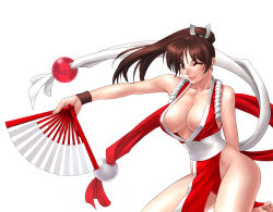 Rule 34 | 1girl, breasts, brown eyes, brown hair, cleavage, hand fan, fatal fury, folding fan, large breasts, long hair, one eye closed, pelvic curtain, ponytail, revealing clothes, shiranui mai, snk, solo, the king of fighters, wink
