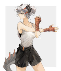 Rule 34 | 1girl, arknights, cowboy shot, handwrapping, highres, horns, lizard tail, looking to the side, reptile girl, saria (arknights), shirt, shorts, simple background, sleeveless, solo, stretching, tail, tank top, white background, white hair, white shirt, z shuidao