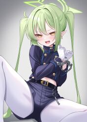 Rule 34 | 1girl, black jacket, black shorts, blue archive, blush, buttons, commentary request, cuffs, double-breasted, fang, fukemachi, gloves, green hair, green halo, halo, handcuffs, hands up, highres, jacket, long hair, long sleeves, looking at viewer, nozomi (blue archive), open mouth, pantyhose, pointy ears, short shorts, shorts, sitting, skin fang, smile, solo, twintails, white gloves, white pantyhose, yellow eyes