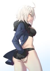 Rule 34 | 1girl, ahoge, ass, black bra, black panties, blue jacket, blush, bra, breasts, commentary request, cowboy shot, fate/grand order, fate (series), fur-trimmed jacket, fur trim, highres, itohana, jacket, jeanne d&#039;arc alter (fate), jeanne d&#039;arc alter (ver. shinjuku 1999) (fate), large breasts, looking at viewer, medium breasts, official alternate costume, open clothes, open jacket, panties, short hair, solo, sweatdrop, underwear, wedgie, white hair, yellow eyes