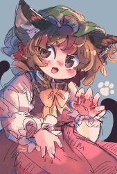 Rule 34 | 1girl, animal ears, blue background, blush, brown eyes, brown hair, cat ears, cat tail, chen, dress, earrings, fangs, fingernails, green hat, hat, highres, jewelry, long fingernails, long sleeves, mame komari, mob cap, multiple tails, nail polish, one-hour drawing challenge, open mouth, red dress, red nails, sharp fingernails, shirt, short hair, simple background, single earring, smile, solo, tail, touhou, two tails, white shirt