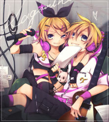 Rule 34 | 1boy, 1girl, bass clef, blonde hair, blue eyes, blue nails, brother and sister, electric guitar, grin, guitar, headphones, instrument, kagamine len, kagamine rin, kuroi (liar-player), microphone, nail polish, pink nails, red nails, short hair, siblings, smile, treble clef, twins, vocaloid