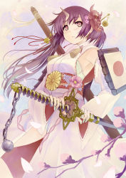 Rule 34 | 1girl, bell, black eyes, black hair, blush, branch, chain, cherry blossoms, cloud, cloudy sky, commentary, day, detached sleeves, flower, green nails, highres, holding, holding sword, holding weapon, horns, japanese clothes, kimono, light blush, long hair, looking at viewer, lying, mask, mask on head, nail polish, obi, on back, oni, oni mask, original, outdoors, parted lips, petals, pink flower, pink sky, ribbon-trimmed sleeves, ribbon trim, sash, scabbard, sheath, single horn, sky, sleeveless, sleeveless kimono, solo, sparkle, standing, sword, weapon, white kimono, yurikuta tsukumi
