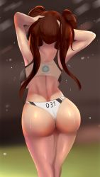 Rule 34 | 1girl, absurdres, arms up, ass, backboob, blurry, blurry background, breasts, brown hair, butt crack, creatures (company), crop top, double bun, from behind, game freak, gym shorts, gym uniform, hair bun, highres, huge ass, large breasts, long hair, nintendo, pokemon, pokemon bw2, pokemon swsh, rosa (pokemon), sana!rpg, shiny skin, shorts, sleeveless, solo, sports bikini, standing, sweat, thong, twintails, underboob, very long hair, wide hips