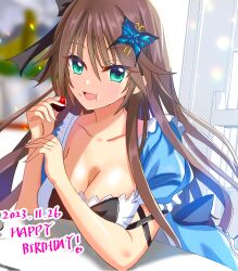 Rule 34 | 1girl, 2023, :d, :t, absurdres, apron, black bow, blue dress, blurry, blurry background, blush, bow, breasts, brown hair, butterfly hair ornament, cleavage, commentary request, dated, dress, eating, elbows on table, eyelashes, eyes visible through hair, food, food on face, frilled apron, frills, fruit, green eyes, hair between eyes, hair bow, hair ornament, hands up, happy birthday, hapymaher, highres, holding, holding food, holding fruit, indoors, large breasts, leaning forward, long hair, looking at viewer, open mouth, puffy short sleeves, puffy sleeves, sakuratoru, shiny skin, short sleeves, sidelocks, smile, solo, strawberry, toriumi arisu, upper body, very long hair, white apron