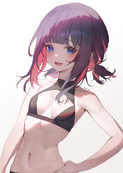 Rule 34 | 1girl, absurdres, armpits, bare arms, bare shoulders, bikini, black bikini, black hair, blue eyes, breasts, colored inner hair, commentary, highres, long hair, looking at viewer, mmlyno, multicolored hair, navel, open mouth, original, red hair, short twintails, sidelocks, simple background, small breasts, smile, solo, stomach, swimsuit, symbol-only commentary, twintails, two-tone hair, upper body, white background