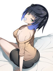 Rule 34 | 1girl, absurdres, arm support, ass, bare shoulders, black hair, black shorts, blue hair, blunt bangs, breasts, brown shirt, cleavage, commentary, eyeshadow, genshin impact, green eyes, head tilt, highres, large breasts, looking at viewer, makeup, multicolored hair, nano (nanofarla), off-shoulder shirt, off shoulder, shirt, short hair, short sleeves, shorts, simple background, solo, thighs, white background, yelan (genshin impact)