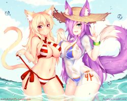 Rule 34 | 2girls, animal ear fluff, animal ears, bikini, blonde hair, blue bikini, blue eyes, blue sky, blush, bracelet, breasts, cat ears, cat tail, cleavage, cloud, collaboration, cosplay, cowboy shot, criss-cross halter, day, fate/grand order, fate (series), fox ears, fox tail, foxykuro, hair over one eye, halterneck, hat, highres, holding hands, jewelry, kurona reole, large breasts, long hair, looking at viewer, multiple girls, navel, nero claudius (fate), nero claudius (fate) (all), nero claudius (swimsuit caster) (fate), nero claudius (swimsuit caster) (fate) (cosplay), nottytiffy, open mouth, original, partially submerged, purple hair, red eyes, see-through, shirt, side-tie bikini bottom, sky, smile, standing, straw hat, striped bikini, striped clothes, swimsuit, t-shirt, tail, tamamo (fate), tamamo no mae (swimsuit lancer) (fate), tamamo no mae (swimsuit lancer) (fate) (cosplay), tamamo no mae (swimsuit lancer) (second ascension) (fate), tiffy (nottytiffy), v, wading, water, watermark, web address
