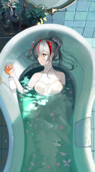 Rule 34 | 1girl, absurdres, alternate costume, alternate hairstyle, antenna hair, arknights, bottle, bracelet, breasts, brown eyes, closed mouth, clothed bath, collarbone, cup, da (datako), dress, drink, drinking glass, earrings, feet out of frame, grey hair, hair bun, highres, holding, holding cup, indoors, jewelry, looking away, looking to the side, medium breasts, mirror, multicolored hair, necklace, partially submerged, petals, red hair, scissors, short hair, single hair bun, smile, solo, stud earrings, towel, two-tone hair, w (arknights), water, white dress