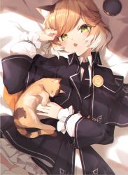 Rule 34 | 1girl, animal, animal ear fluff, animal ears, ankoro mochi, arknights, arm up, bed sheet, black dress, black hat, black jacket, black necktie, brown hair, cat, cat ears, collared shirt, commentary request, dress, fang, frilled dress, frills, green eyes, hat, highres, jacket, long sleeves, mini hat, mousse (arknights), multicolored hair, necktie, open mouth, pleated dress, puffy long sleeves, puffy sleeves, shirt, solo, tie clip, two-tone hair, unworn hat, unworn headwear, white hair, white shirt