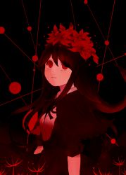 Rule 34 | 10s, 1girl, akemi homura, akemi homura (black dress), black hair, crying, crying with eyes open, dress, flower, funeral dress, hair flower, hair ornament, long hair, looking at viewer, mahou shoujo madoka magica, mahou shoujo madoka magica: hangyaku no monogatari, red eyes, solo, spider lily, spoilers, tears